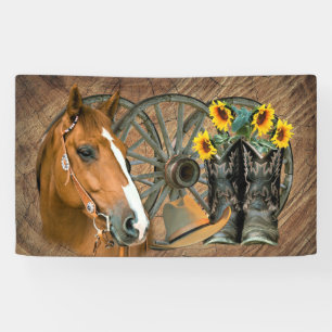 Horse Cowboy Boots Wagon Wheel Sunflowers Western Banner