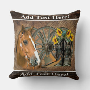 Horse Cowboy Boots Wagon Wheel Sunflowers Western Cushion