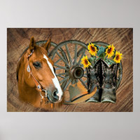 Horse Cowboy Boots Wagon Wheel Sunflowers Western