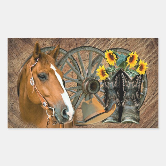 Horse Cowboy Boots Wagon Wheel Sunflowers Western Rectangular Sticker (Front)