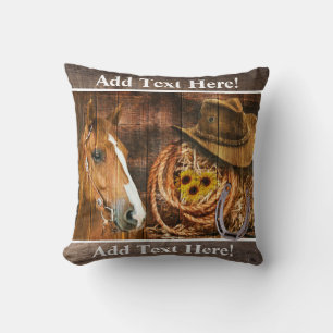 Horse Cowboy Hat Lasso Sunflower Rustic Barn Board Cushion