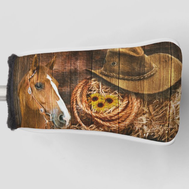 Horse Cowboy Hat Lasso Sunflower Rustic Barn Board Golf Head Cover (Front)