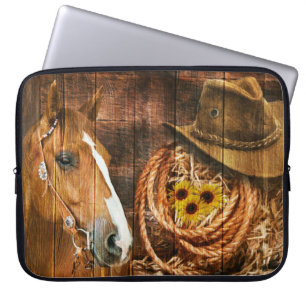 Horse Cowboy Hat Lasso Sunflower Rustic Barn Board Laptop Sleeve