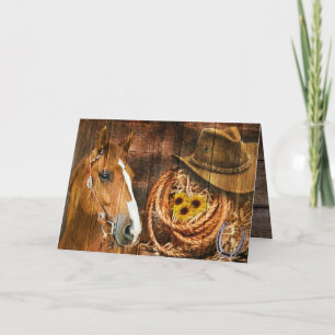 Horse Cowboy Hat Lasso Sunflower Rustic Barn Board Thank You Card