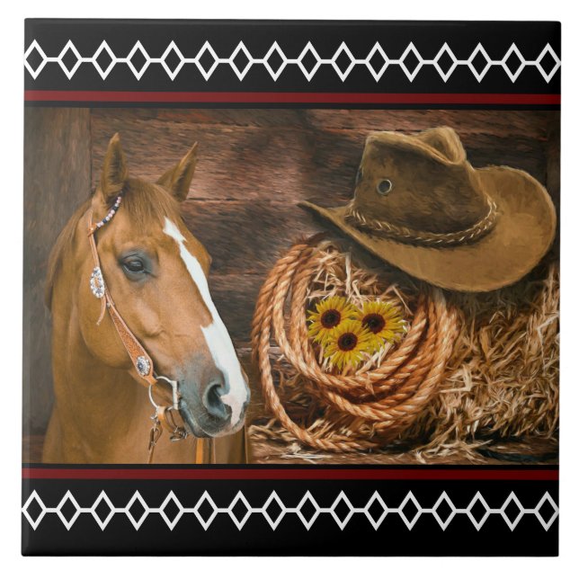 Horse Cowboy Hat Lasso Western Pattern Tile (Front)