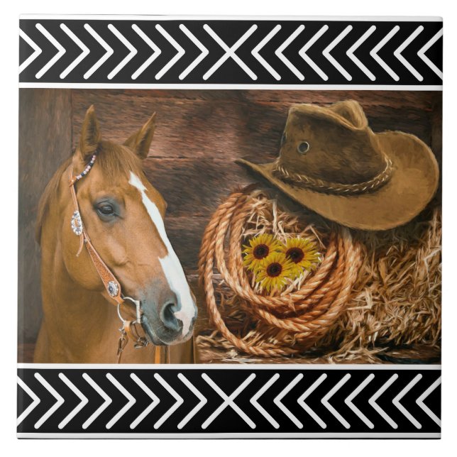 Horse Cowboy Hat Lasso Western Pattern Tile (Front)