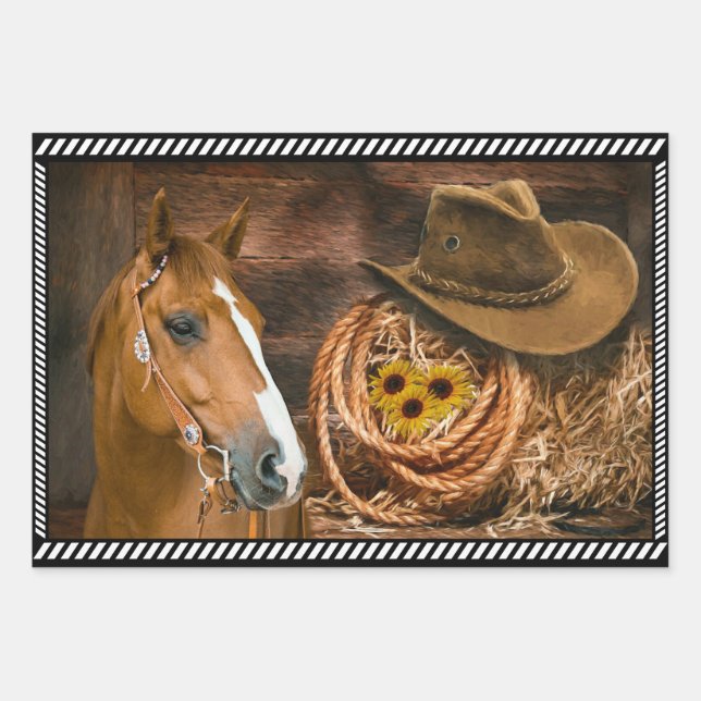 Horse Cowboy Hat Lasso Western Pattern  Wrapping Paper Sheet (Front)
