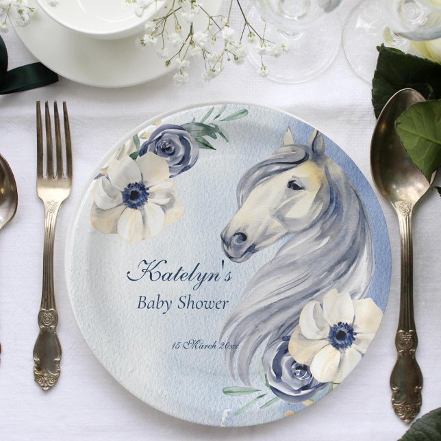 Horse cowgirl baby shower floral personalised paper plate (Horse themed baby shower plates horse party tableware personalized equestrian party plates)