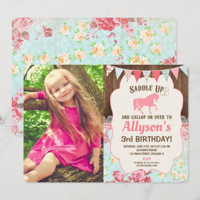 Horse cowgirl birthday girl floral wood photo invitation (Front/Back)