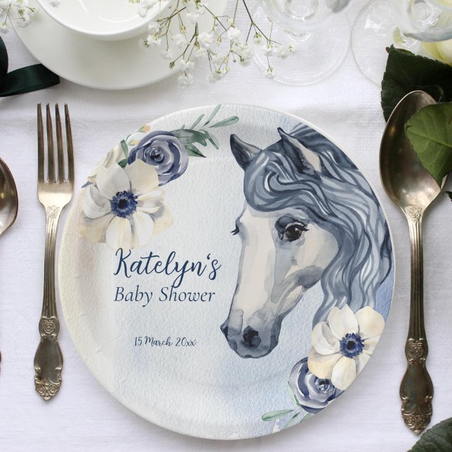 Horse cowgirl ranch  baby shower tableware paper plate (Horse themed baby shower personalized plates beautiful watercolor horse portrait with flowers)
