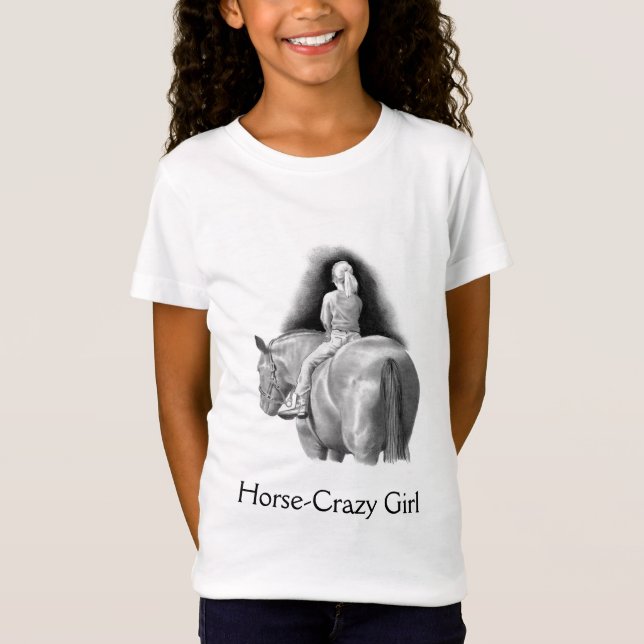 Horse-Crazy Girl: Pencil Art Girl Riding Horseback T-Shirt (Front)