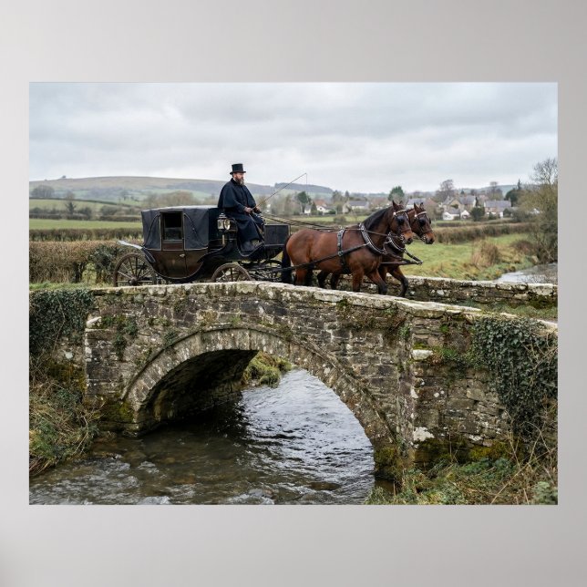 Horse-Drawn Carriage on Stone Bridge Poster (Front)
