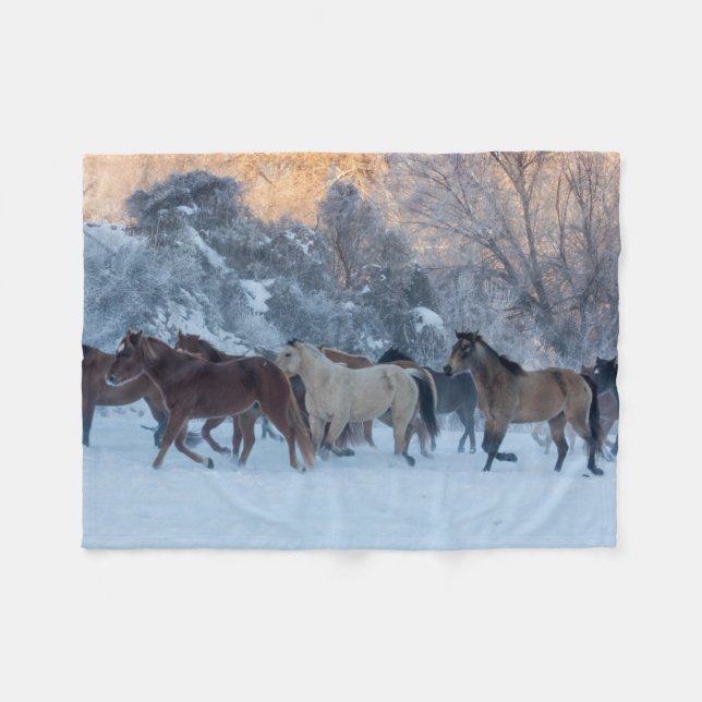 Horse Drive in Winter on Hideout Ranch Fleece Blanket (Front (Horizontal))