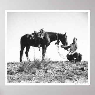 Horse eating from a cowboy's hat. poster