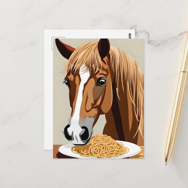 horse eating spaghetti postcard (Front/Back In Situ)