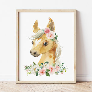 Horse, Farm Animals, Pink Flowers, Girl Nursery Poster