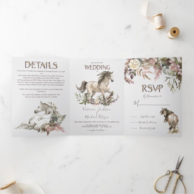 Horse Floral Ranch Wedding Tri-Fold Invitation (Inside)
