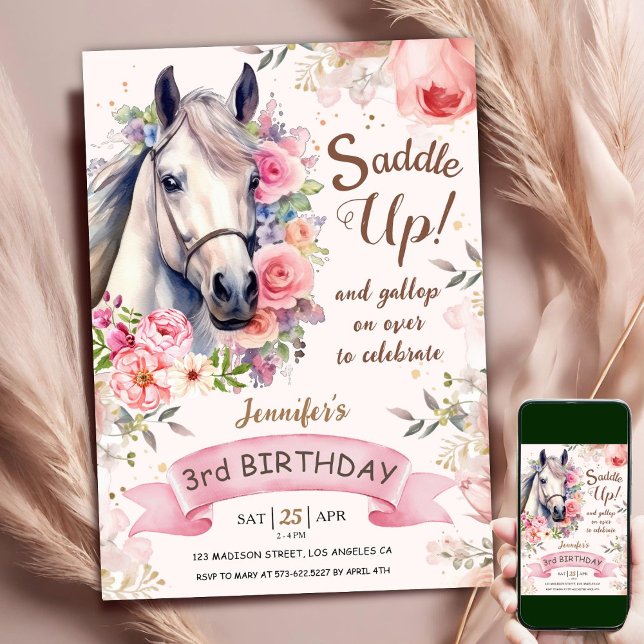 Horse Girl 3rd Birthday Pink Flowers Saddle Up Inv Invitation (Creator Uploaded)