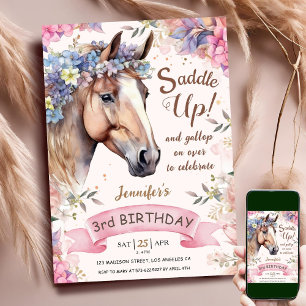 Horse Girl 3rd Birthday Pink Flowers Saddle Up Invitation