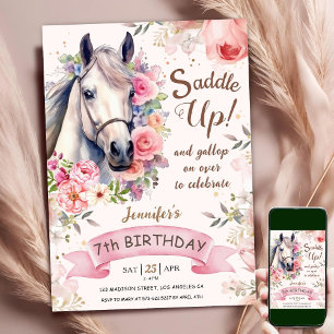 Horse Girl 7th Birthday Pink Flowers Saddle Up Invitation