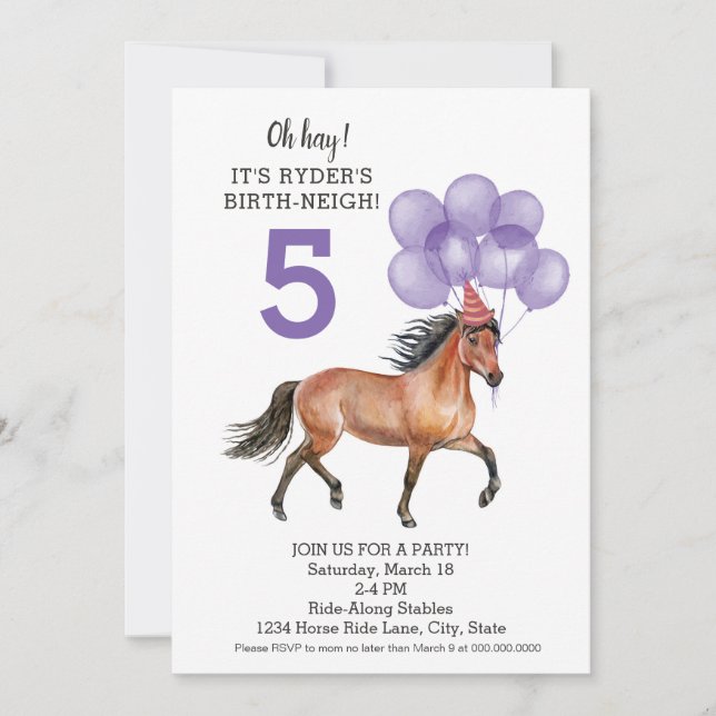 Horse girl birthday // Barn birthday party purple Invitation (Front)