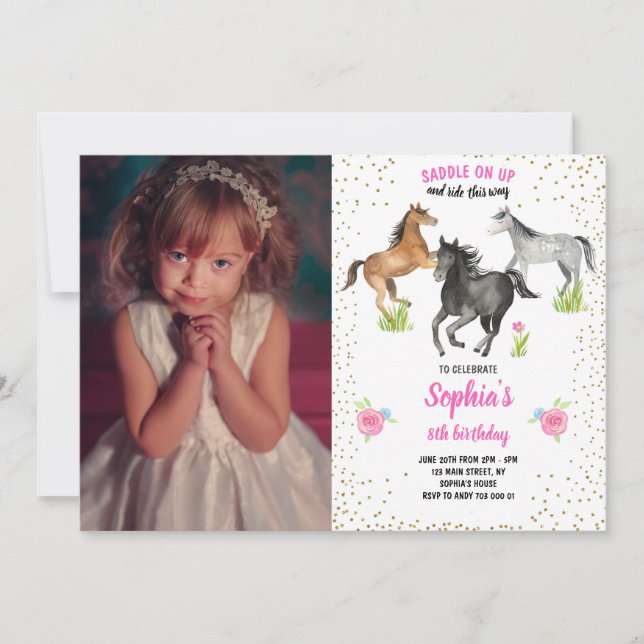 Horse Girl Birthday Invite Pink Floral with Photo (Front)