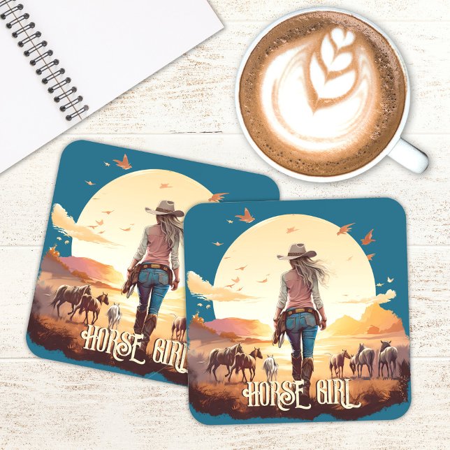 Horse girl Cowgirl horse lover desert sunset Coaster (Horse girl, horse lover coasters with horses and desert sunset)