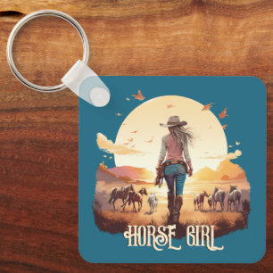 Horse girl Cowgirl horse lover desert sunset Key Ring