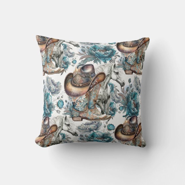 Horse girl cowgirl pattern turquoise floral cushion (Front)