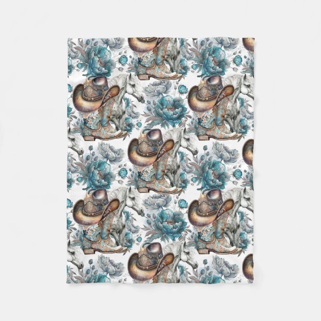 Horse girl cowgirl pattern turquoise floral fleece blanket (Front)