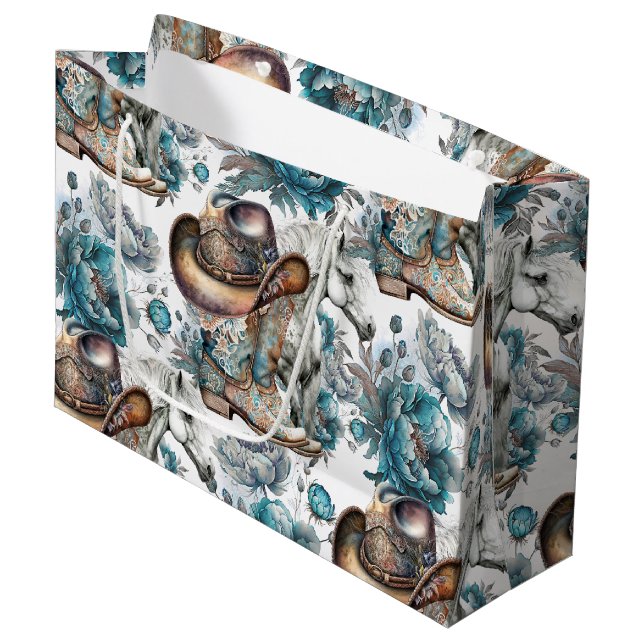 Horse girl cowgirl pattern turquoise floral large gift bag (Front Angled)