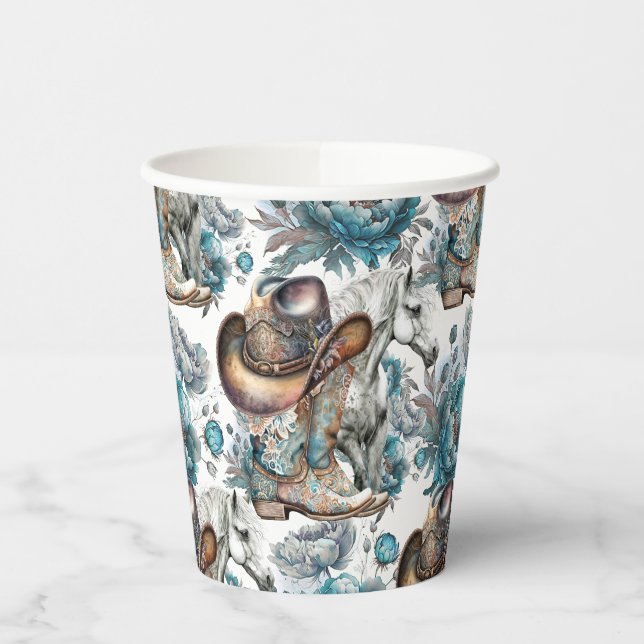 Horse girl cowgirl pattern turquoise floral paper cups (Left)
