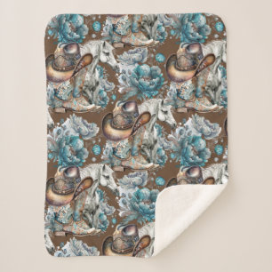 Horse girl cowgirl pattern turquoise floral sherpa blanket