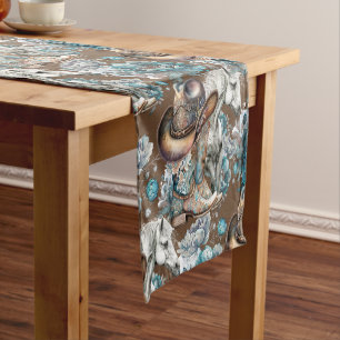 Horse girl cowgirl pattern turquoise floral short table runner