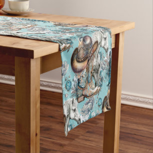 Horse girl cowgirl pattern turquoise floral short table runner