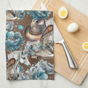 Horse girl cowgirl pattern turquoise floral tea towel