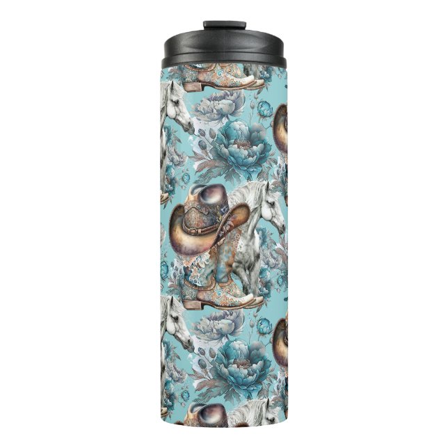 Horse girl cowgirl pattern turquoise floral thermal tumbler (Front)