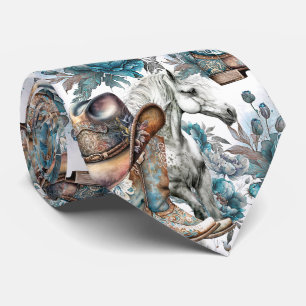 Horse girl cowgirl pattern turquoise floral tie
