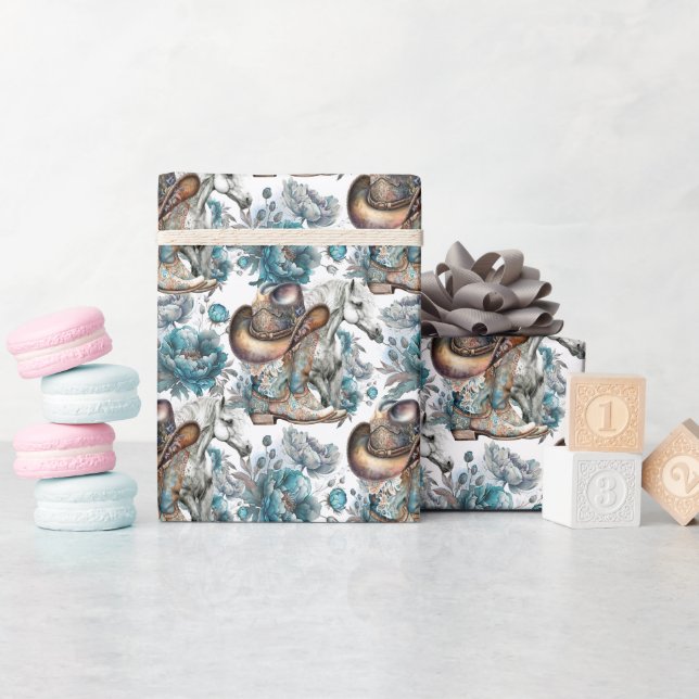 Horse girl cowgirl pattern turquoise floral wrapping paper (Baby Shower)