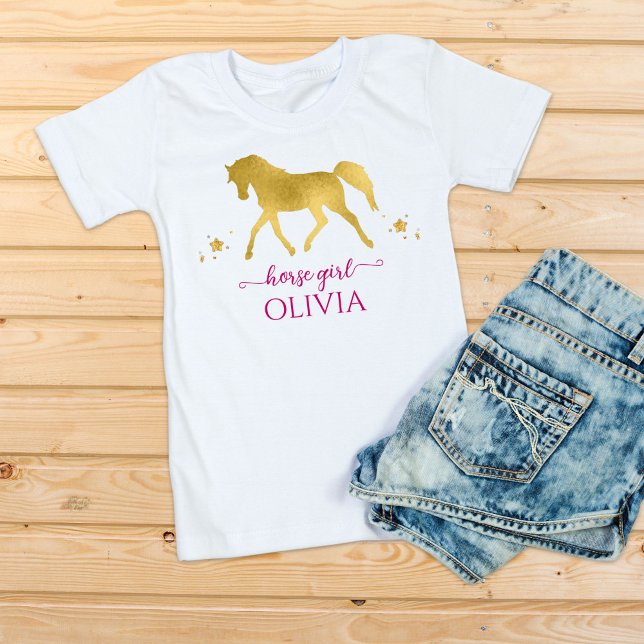 Horse girl gold and pink personalised name T-Shirt (Creator Uploaded)