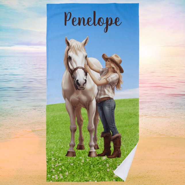 Horse Girl Horseback Riding Meadow Personalised Beach Towel (Horse girl personalized beach towel)