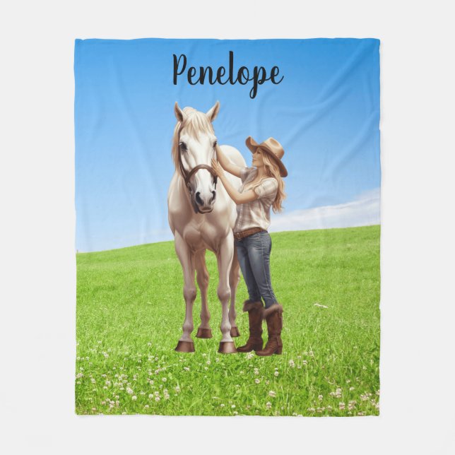 Horse Girl Horseback Riding Meadow Personalised Fleece Blanket (Front)