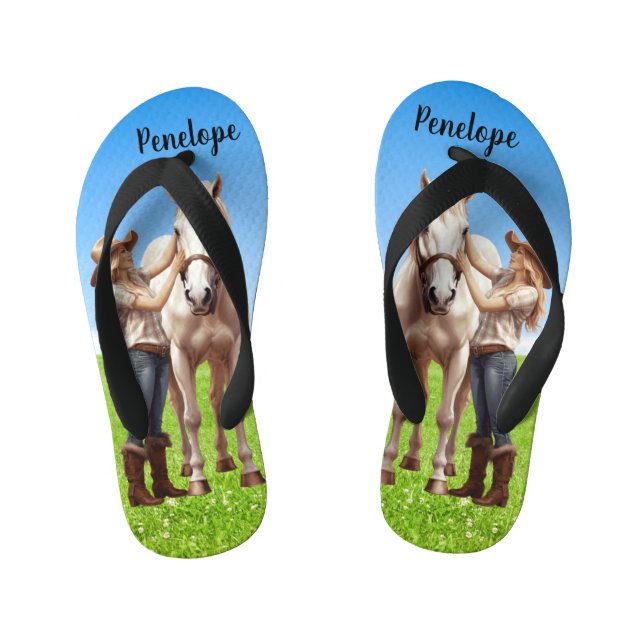 Horse Girl Horseback Riding Meadow Personalised Kid's Jandals (Footbed)
