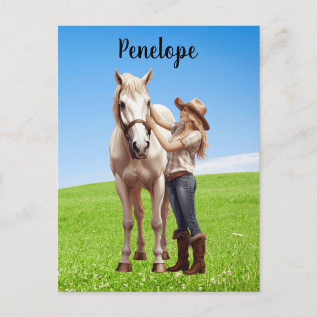Horse Girl Horseback Riding Meadow Personalised Postcard (Front)