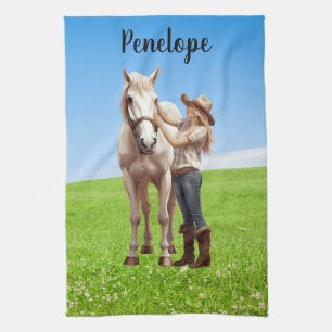Horse Girl Horseback Riding Meadow Personalised Tea Towel