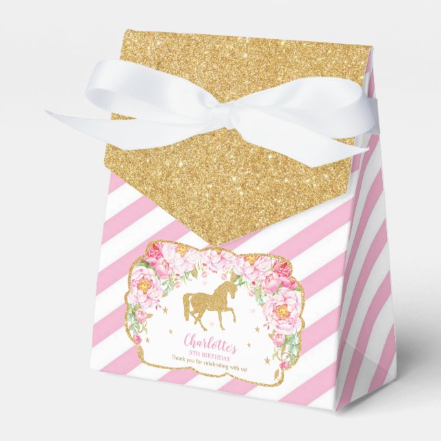 Horse Gold Glitter Pink Floral Thank You Birthday Favour Box (Front Side)