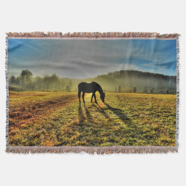 Horse Grazing at Sunrise in Misty Field Photo Throw Blanket (Front)