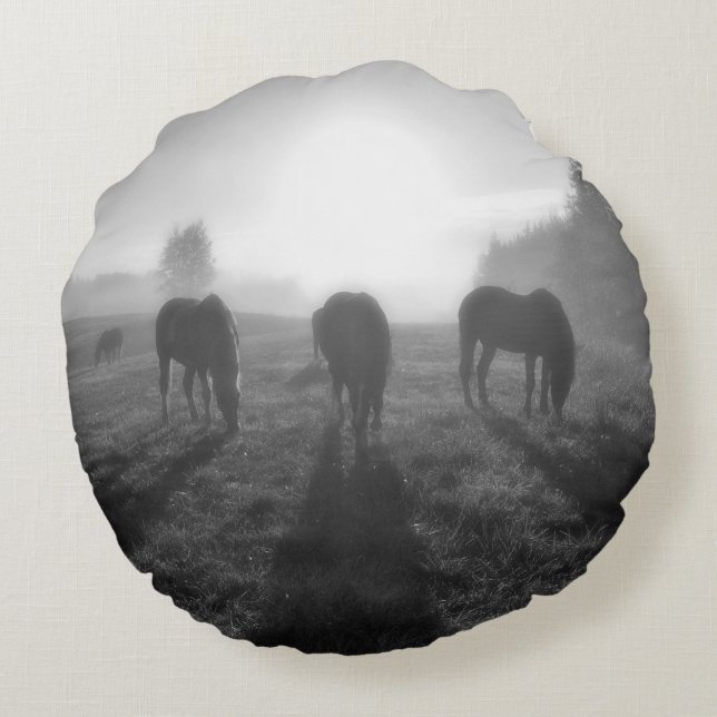Horse Grazing in Field at Sunrise on a Horse Ranch Round Cushion (Back)