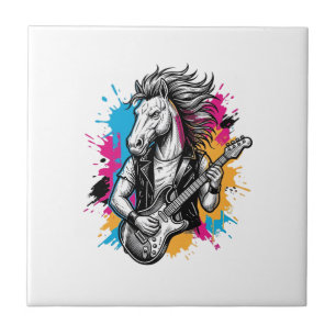 Horse Guitar Player Vintage Engraving T-Shirt Desi Tile