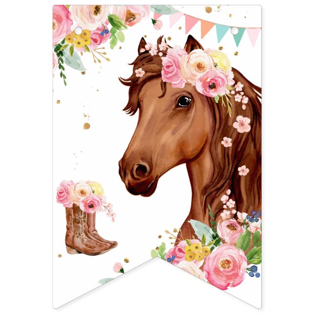  Horse Happy Birthday Girl Pink Floral Saddle Pony Bunting (First Flag)